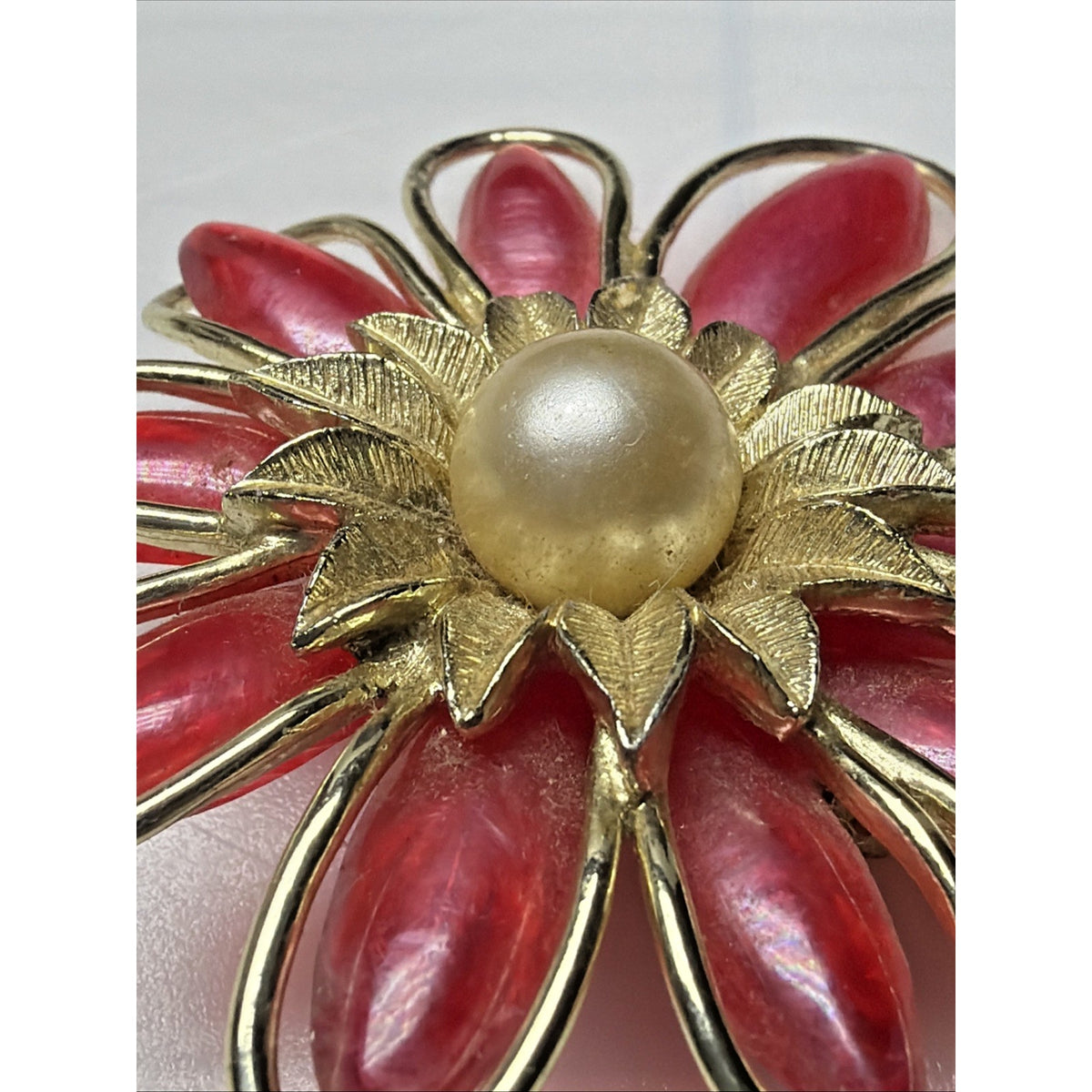 Vintage Large Flower Blossom Brooch Resin Plastic Leaves Gold Frame Faux Pearl