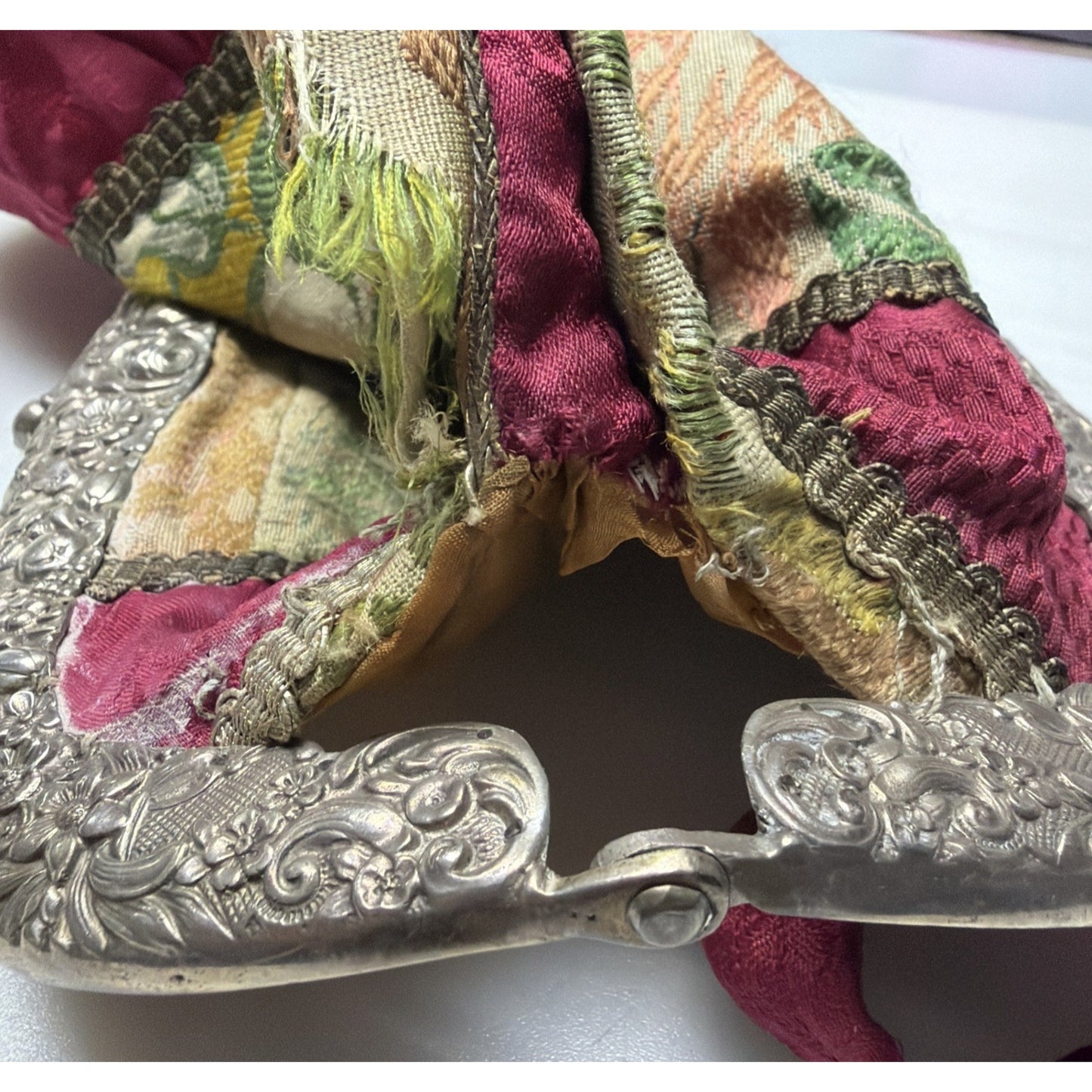 Antique Repousse Metal Frame Tapestry Needlepoint Evening Bag Silk Lined As Is