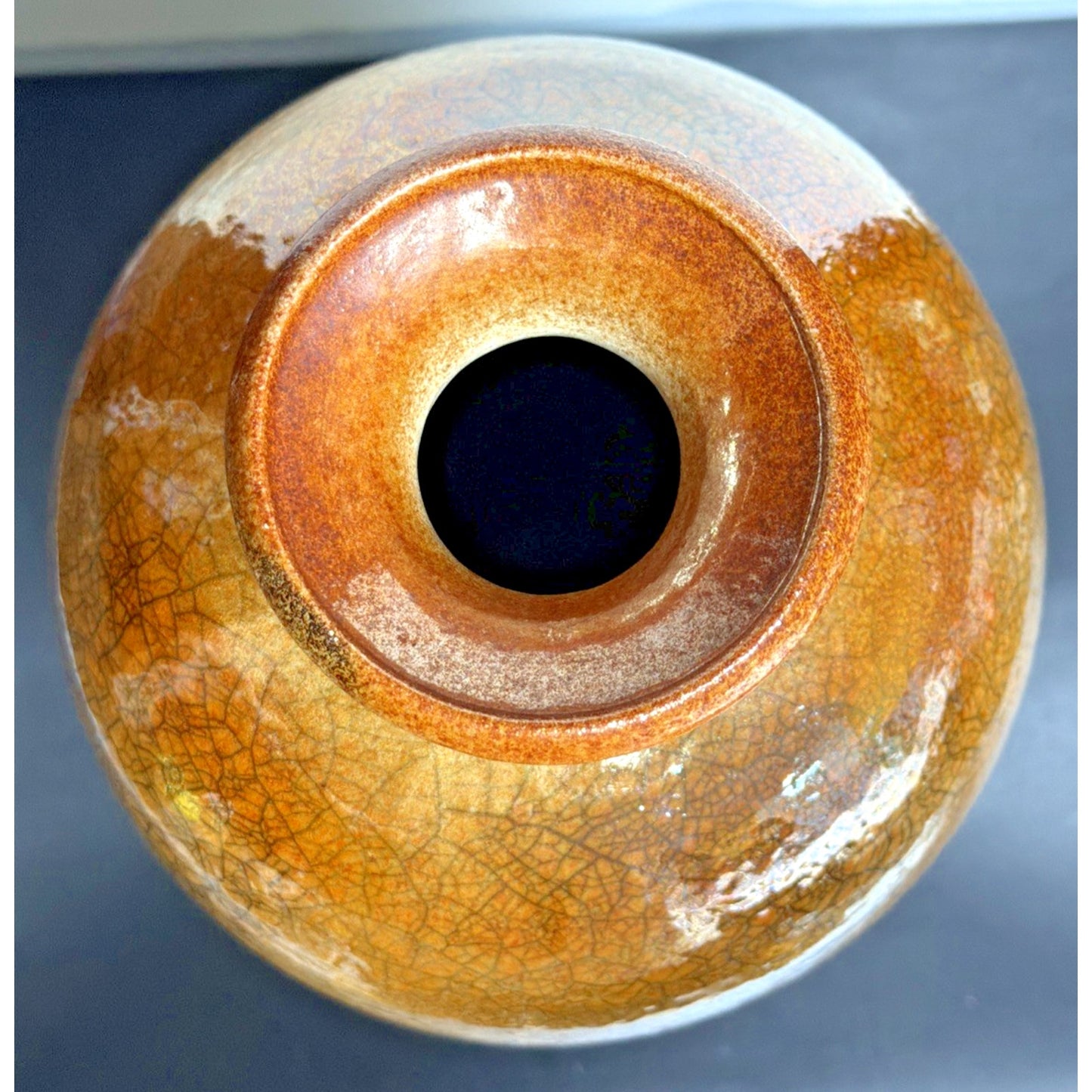 Vtg Casey Hankin Raku Art Pottery Vase Crackle Iridescent Orange Marigold Large