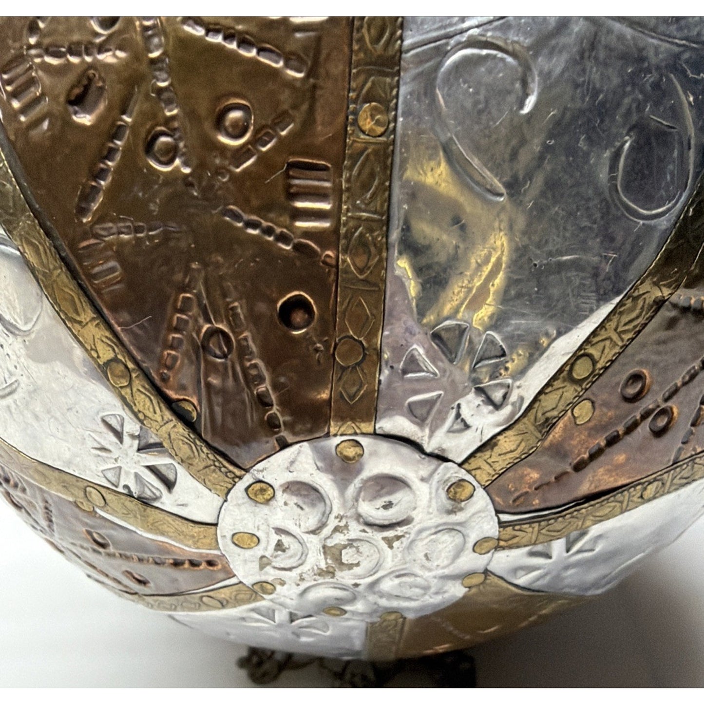 Vtg Mixed Metal Wrapped Sphere Orb Hand Tooled Design Ornate Ball Brass Bronze