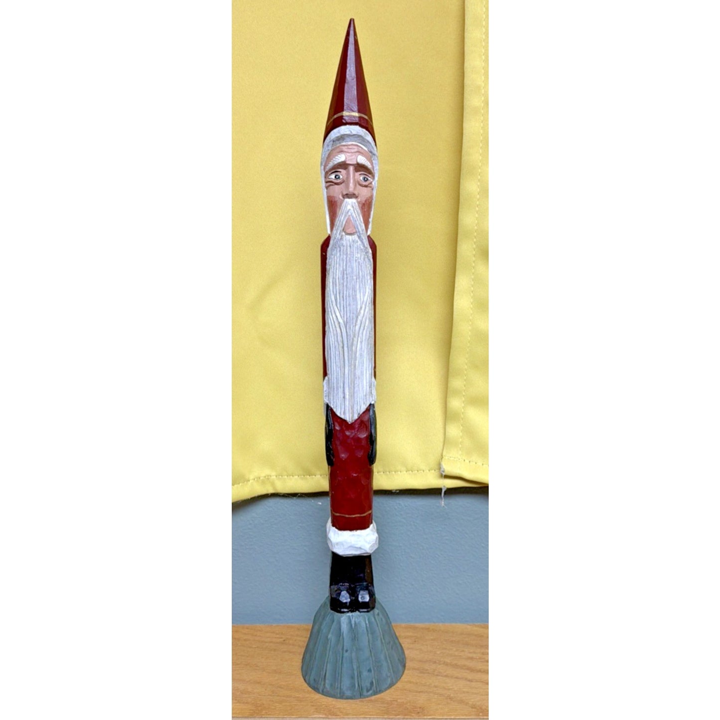 Folk Art Wood Carved Pencil Santa Claus Hand Painted Primitive Style Read 19.5