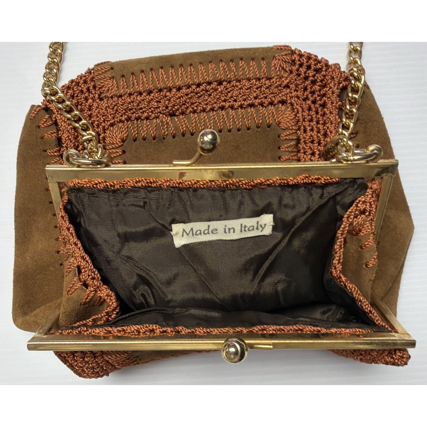 Vintage Solar Ltd Italy Brown Suede Leather Crochet Patchwork Purse As Is