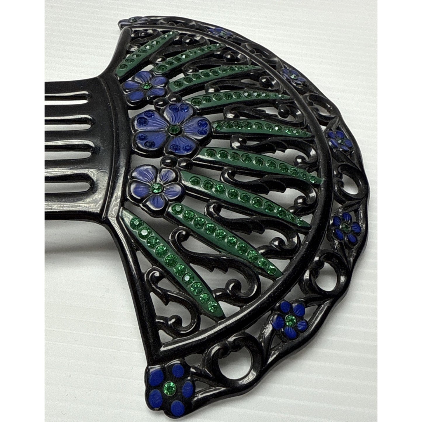 Art Deco Large Fan Shape Hair Comb Black Celluloid Rhinestone Flower Blue Green