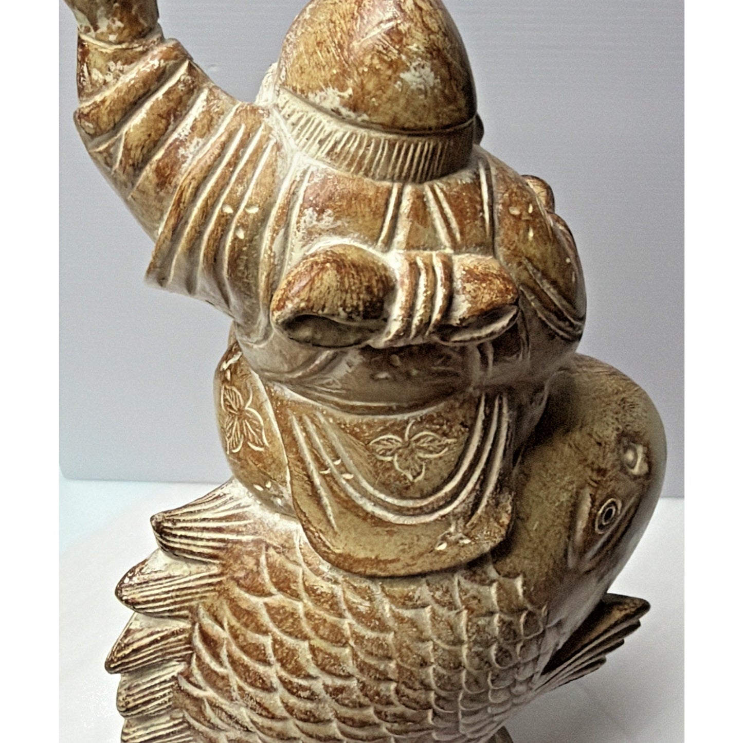 Vtg Designer Repros LA Carved Koi Fish Buddha Fishing Happy Asian Inspired As Is