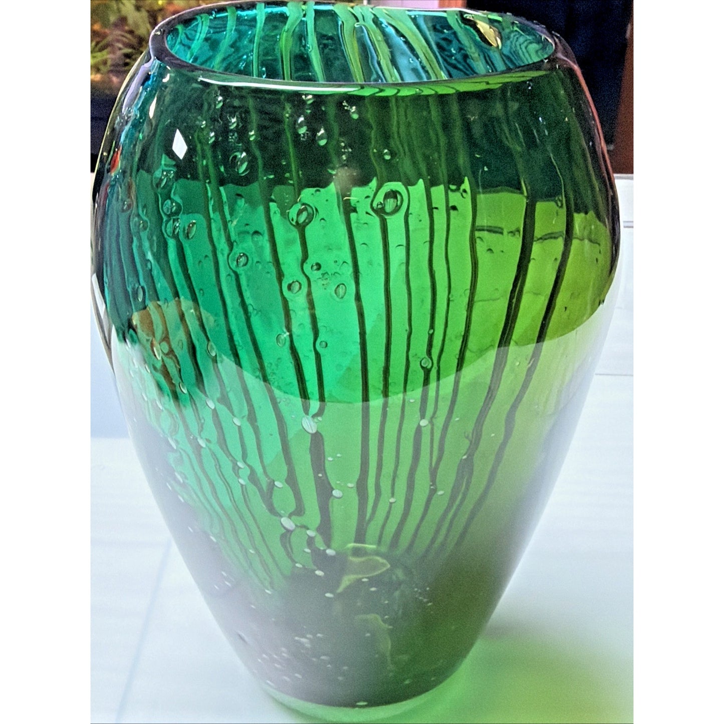Vtg Art Glass Bubble Vase Teal Green Ombre Yellow Threaded Living Color Collect