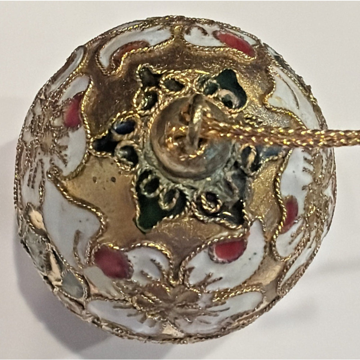 Vintage Enamel Cloisonné Egg Ornament Floral White Gold As Is