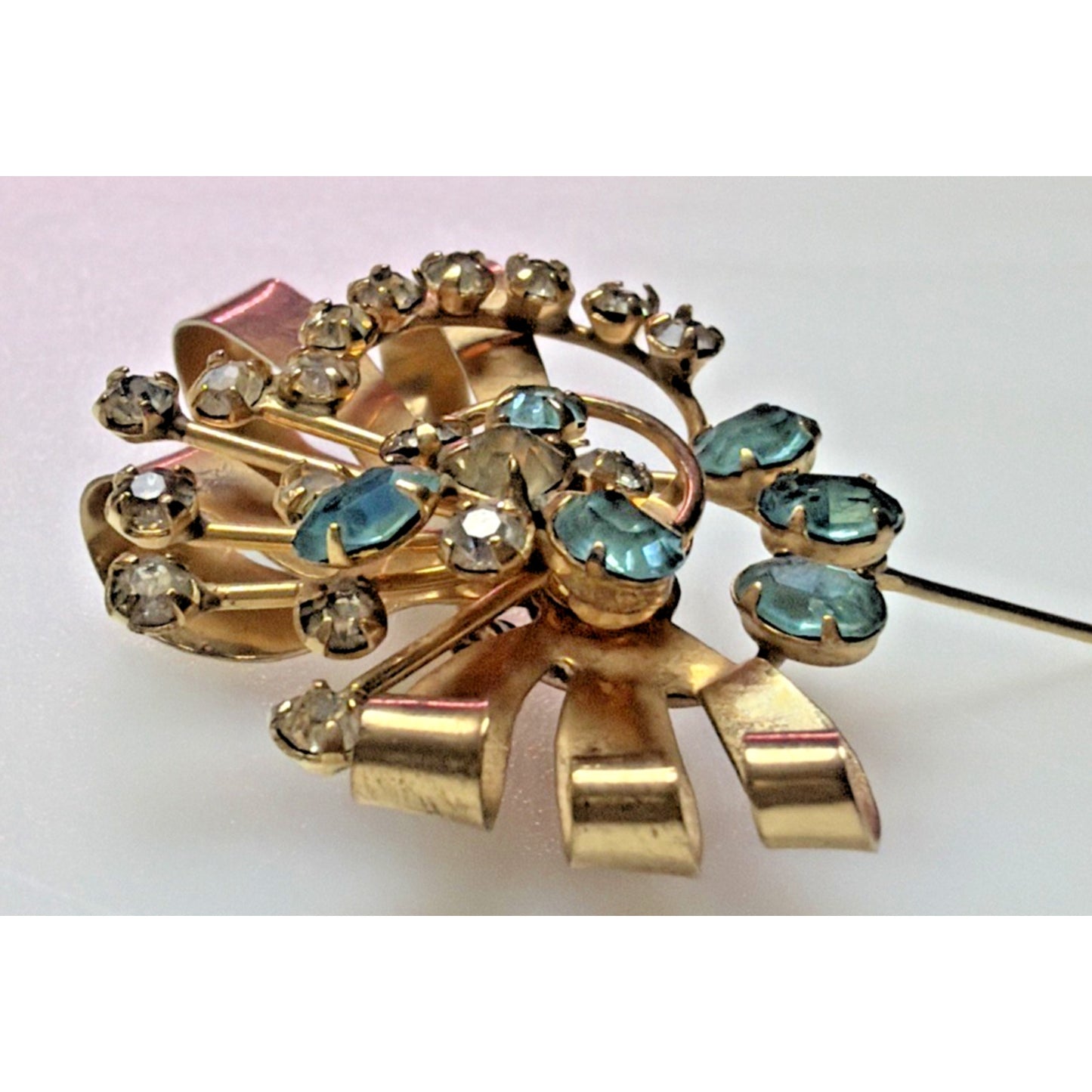 Vintage 1/20 10k Gold Filled Floral Spray Ribbon Pendant Brooch Aqua Rhinestone