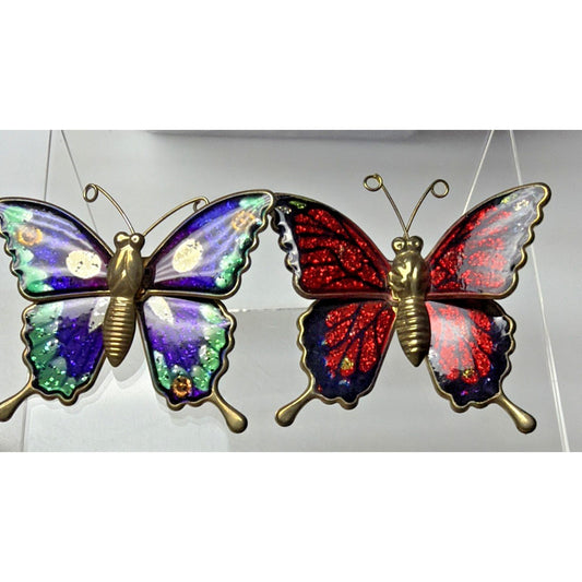 Vintage Lot of 2 Enamel Butterfly Brooch Monarch Red Blue Gold