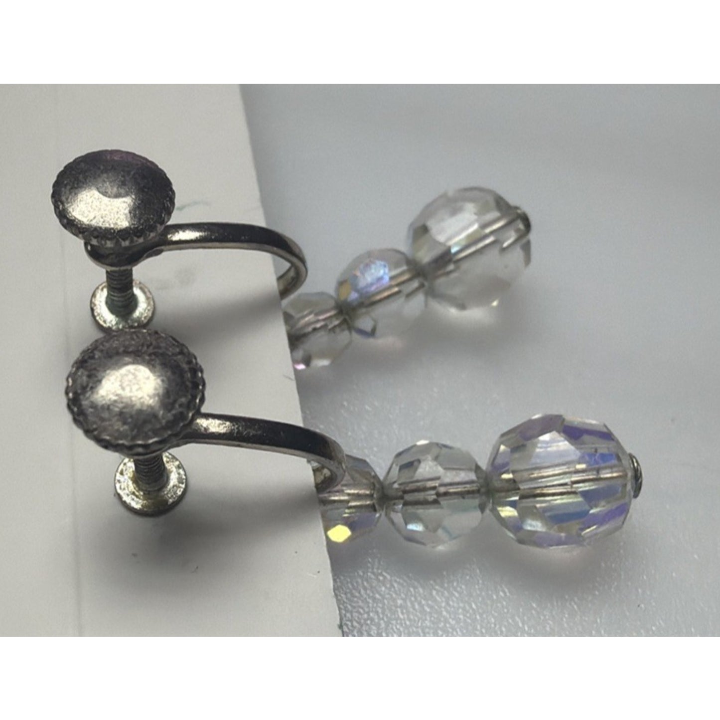Vintage Clear Aurora Borealis AB Crystal Bead Dangle Screw Back Earrings