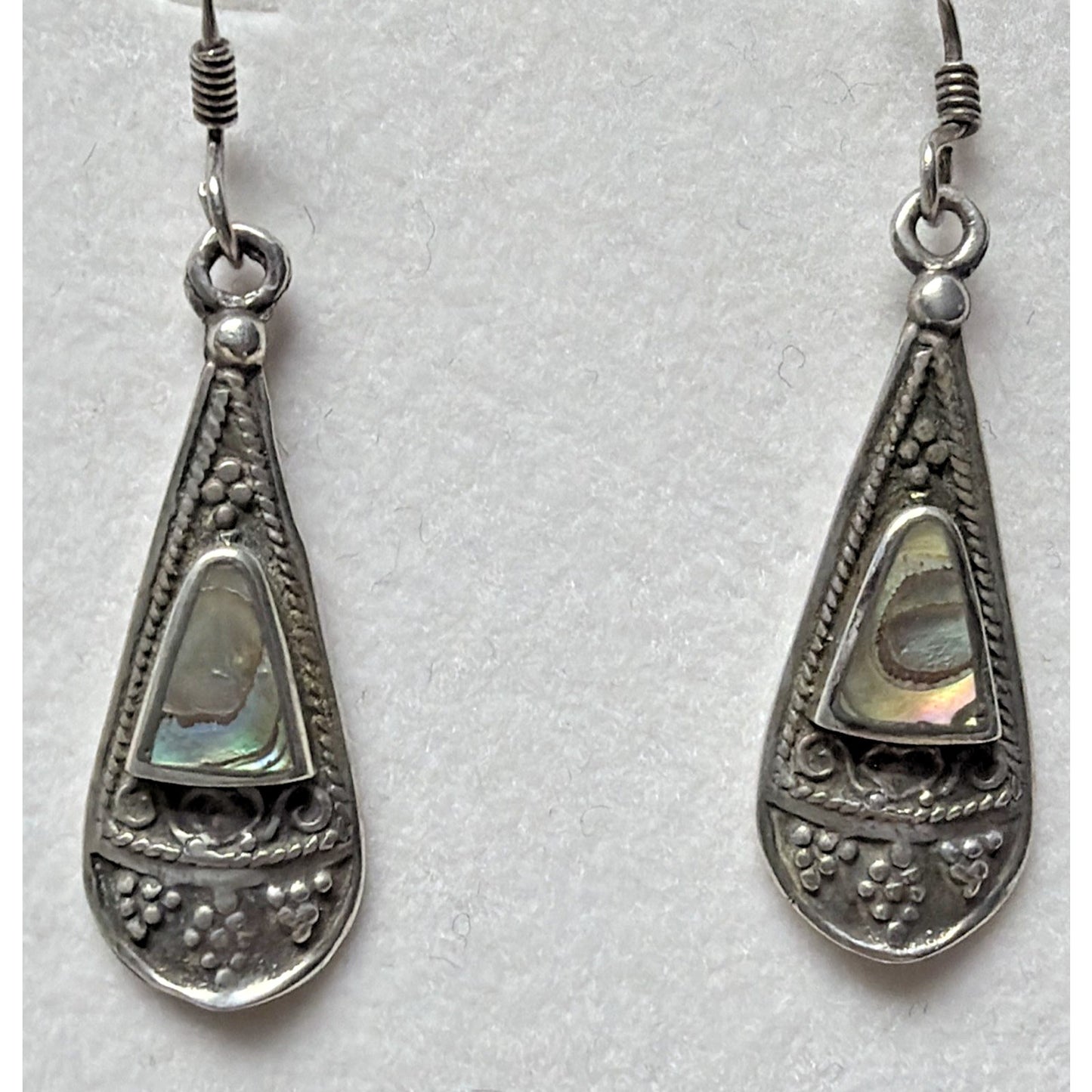 Vtg ATI Mexico Sterling Silver 925 Pierced Drop Teardrop Ornate Earrings Abalone