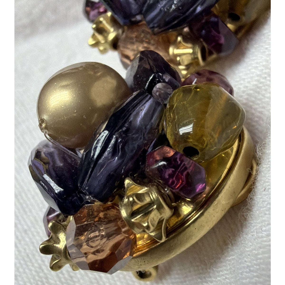 Vtg LC Liz Claiborne Omega Clip On Earrings Faux Pearl Multi Beaded Purple Gold