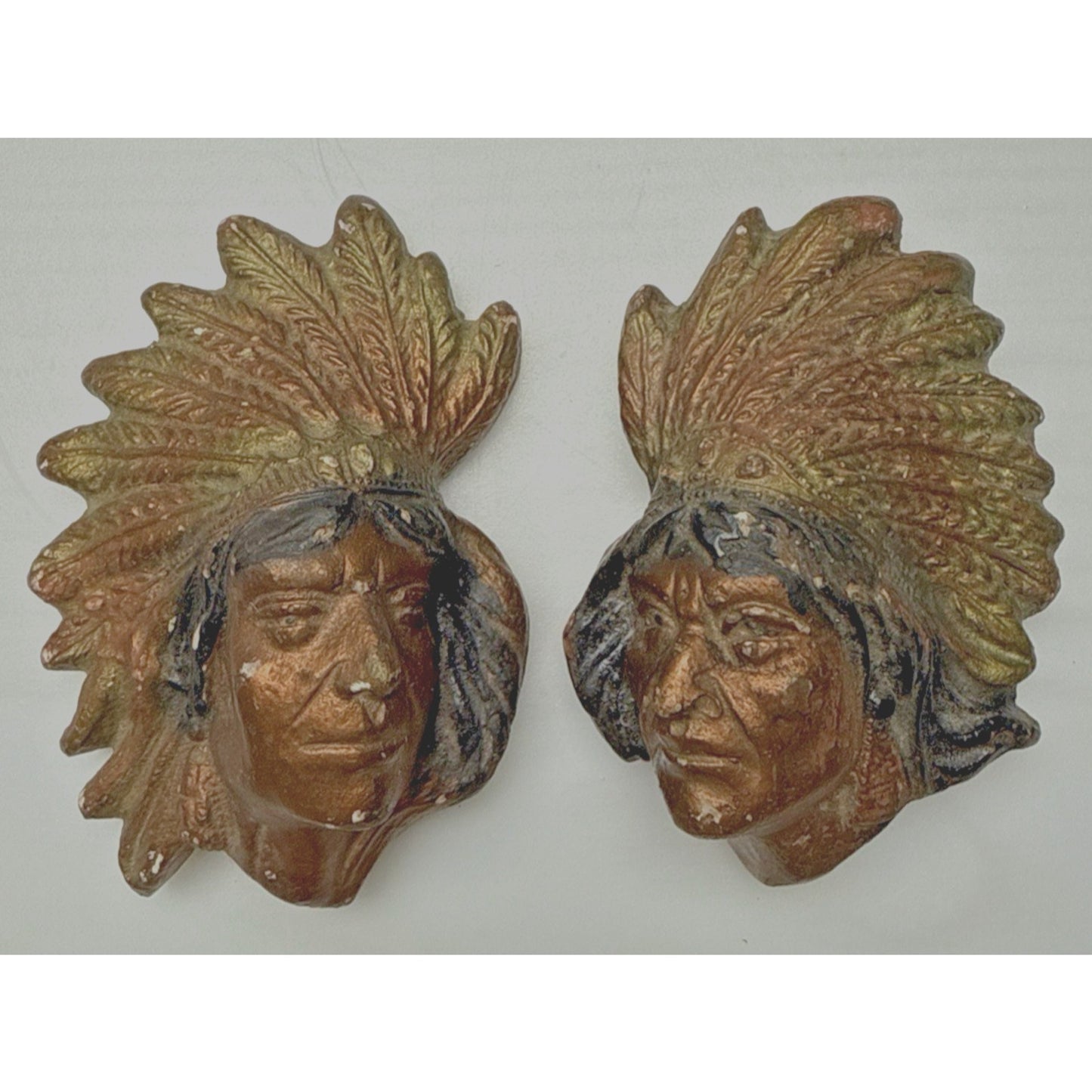 Lot of 2 Native American Indian Chief Head Chalkware Wall Hanging Plaques As Is
