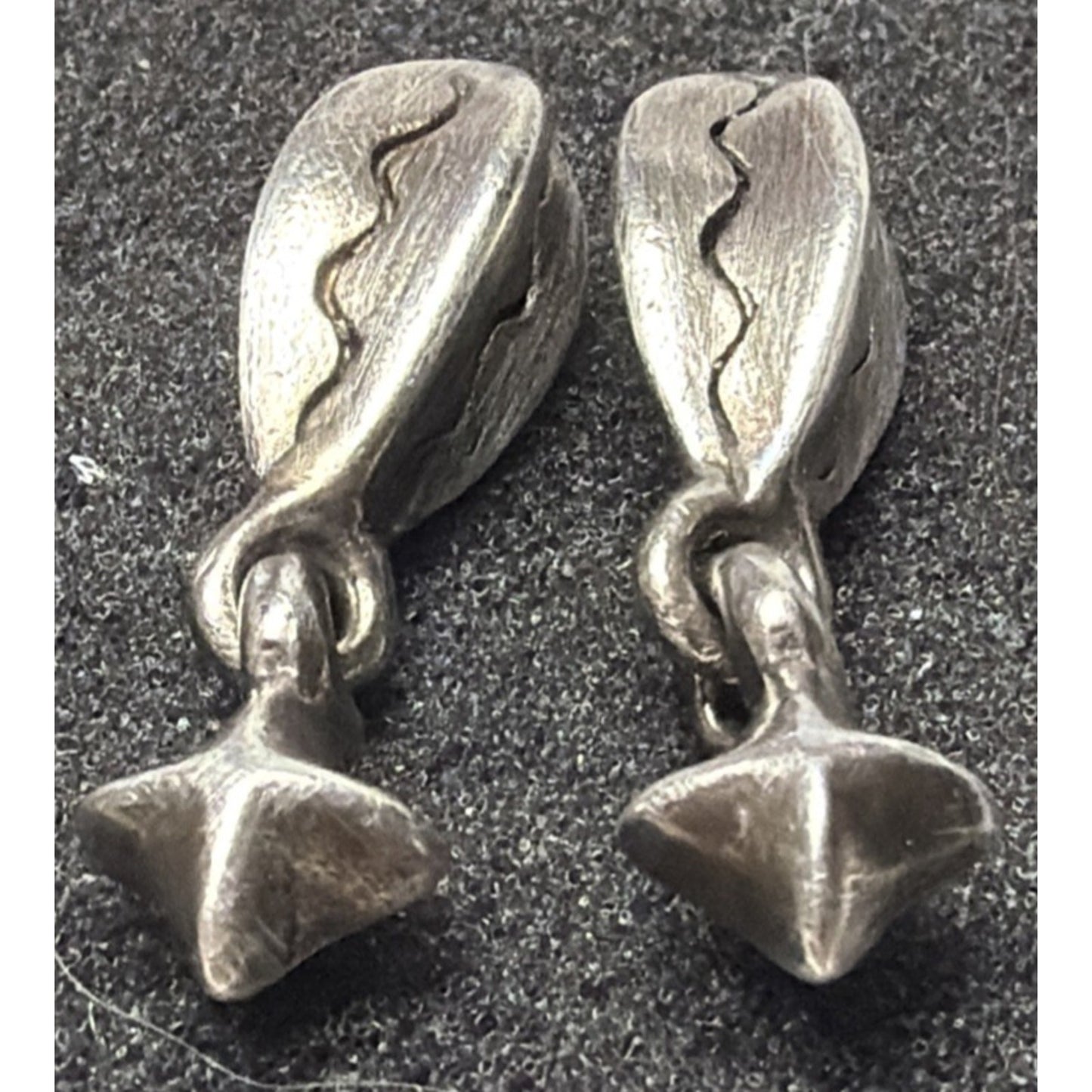 Modernist Silver Geometric Abstract Dangle Earrings Bean Fishbone Seed Pod As Is