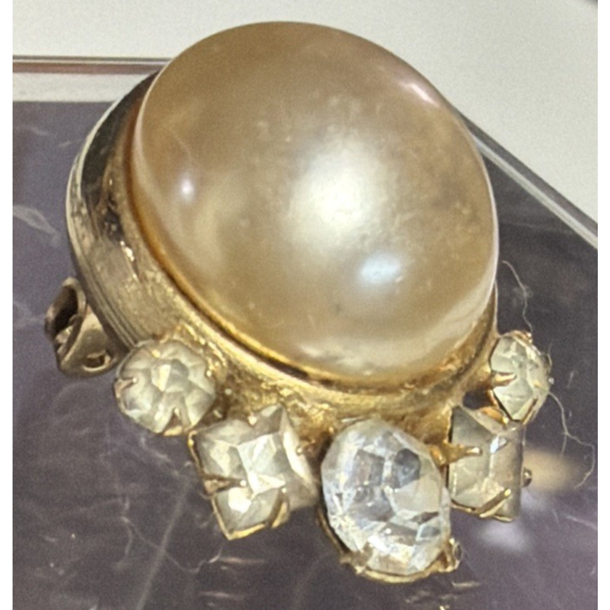 Vtg Coro Faux Pearl Button Cabochon Pin Clear Rhinestone Waterfall Pin Brooch