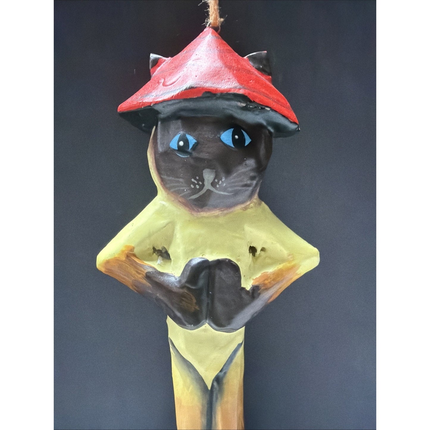 Folk Art Namaste Zen Cat Ornament Standing World Ball Plaster Hand Painted Read