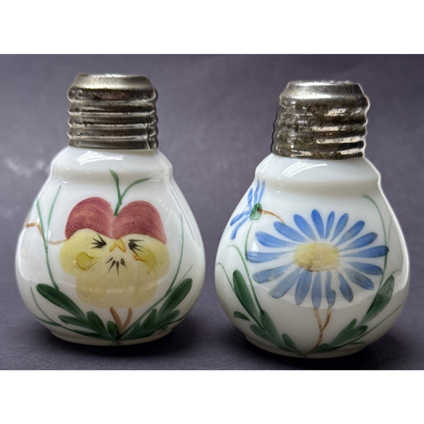 EAPG Buckeye Glass 960 Ring Neck Bulbous Shakers Hand Painted Chubby Blossom