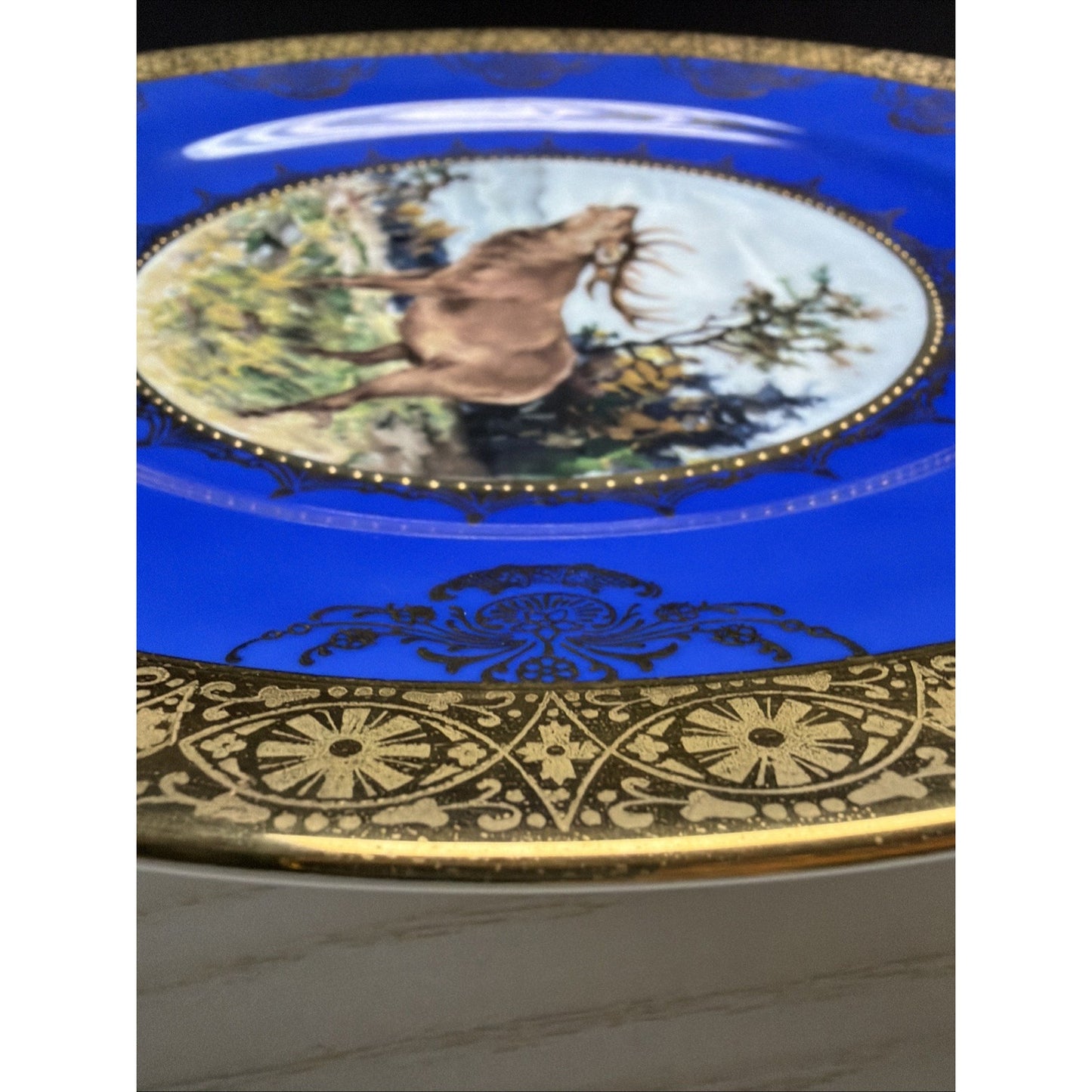 Vintage STW Bavaria Cobalt Blue Game Plate Gold Ornate Elk