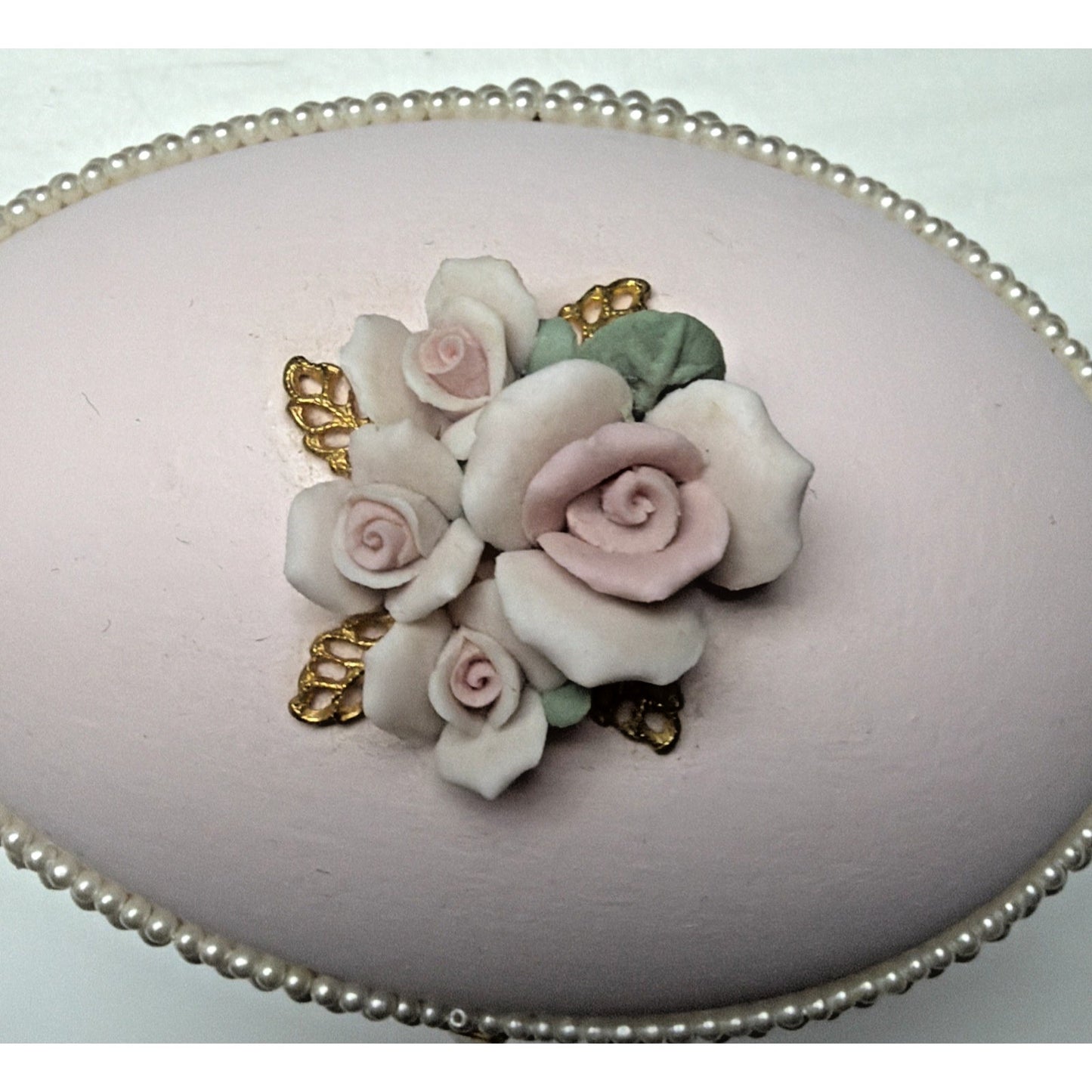 Egg Fantasy Hand Decorated Goose Egg Pink Trinket Jewelry Box Porcelain Flowers