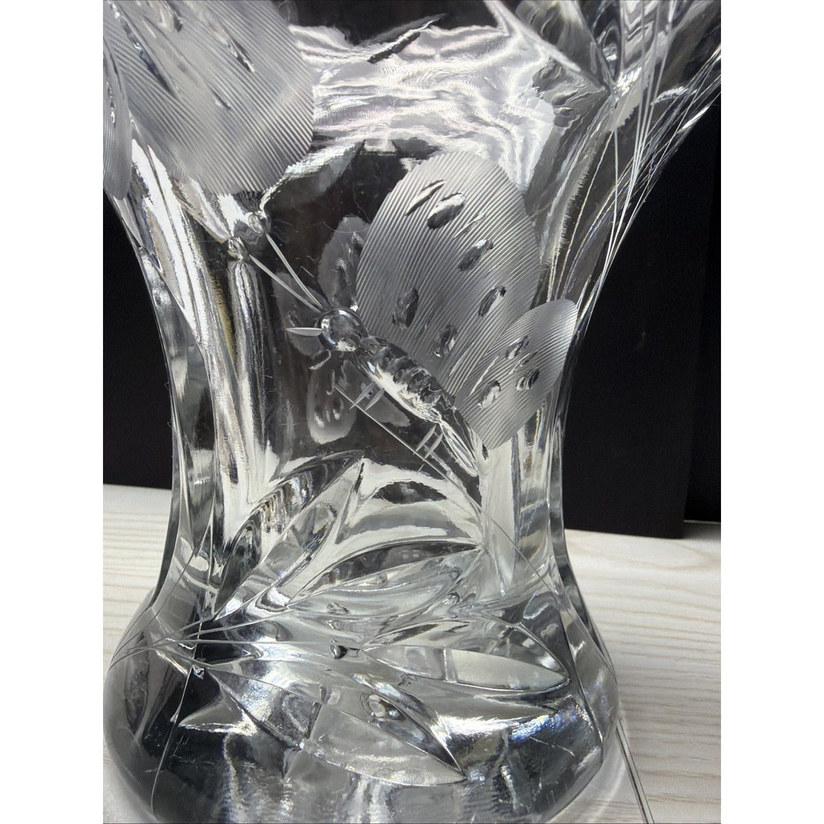 ABP Pairpoint Glass Cut Crystal Murillo Butterfly Daisy Vase Corset Trumpet Flar