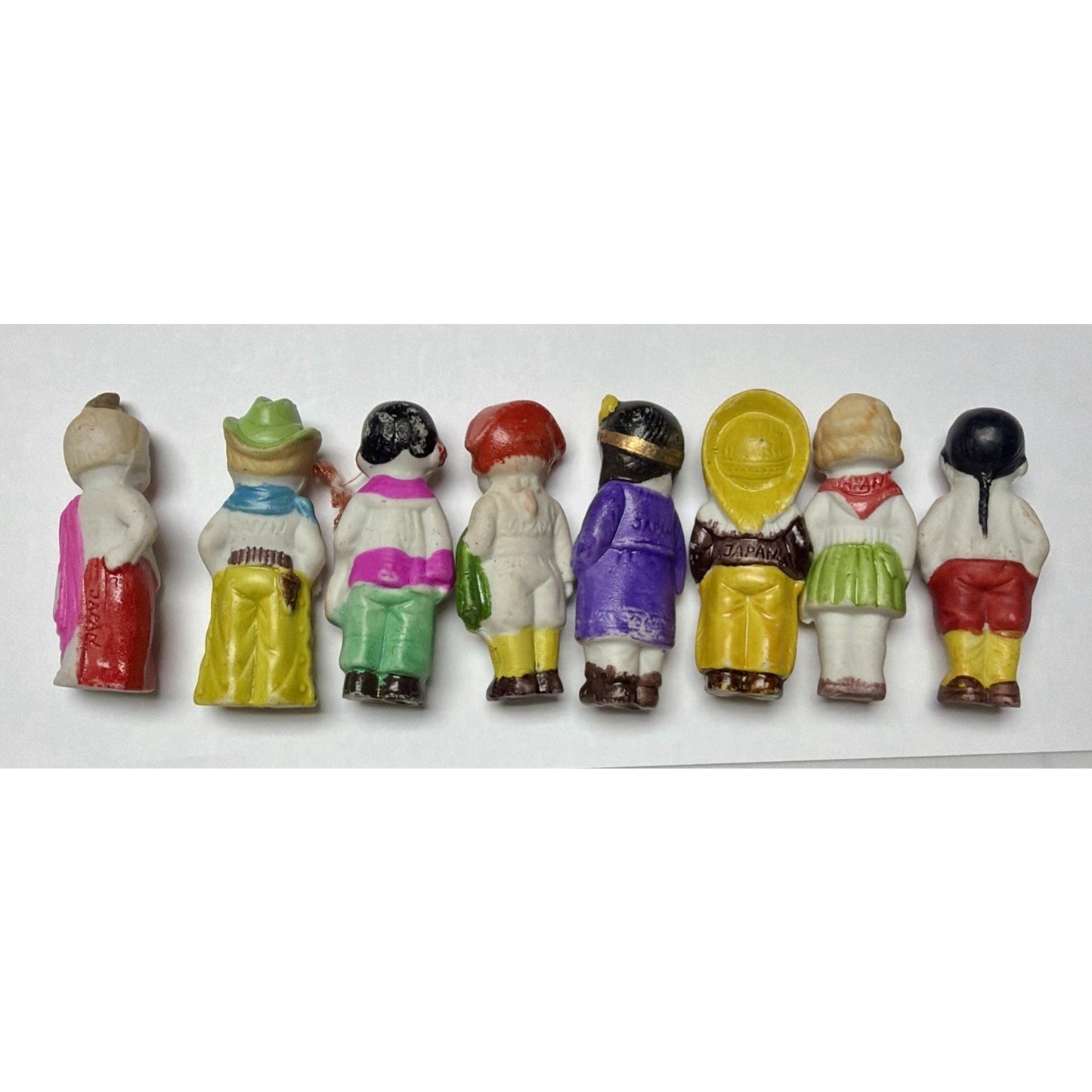 Old Lot of 8 Bisque Porcelain Penny Dolls Foreign Dolls Made in Japan As Is