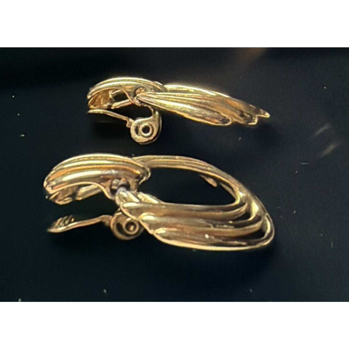 Vintage Monet Earrings Gold Tone Door Knocker Dangle Clip On Triple Hoop