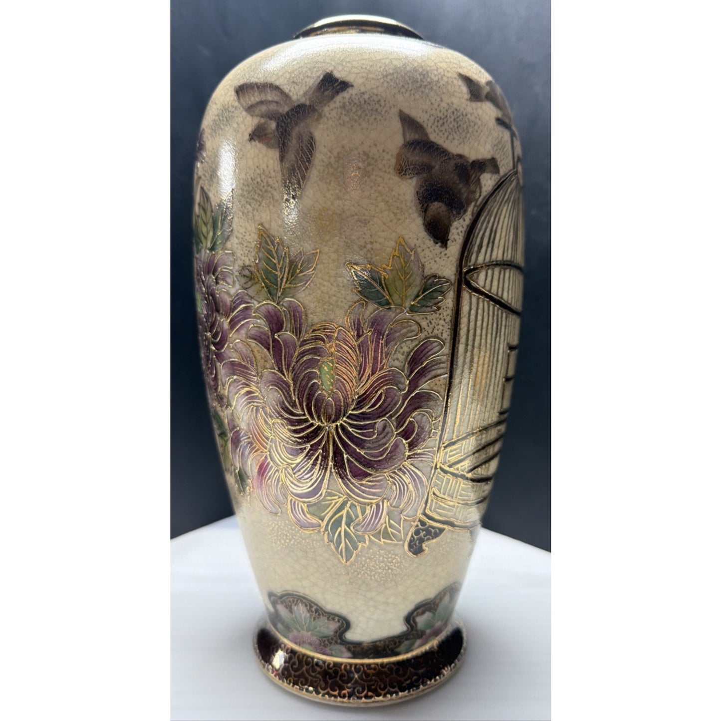 Old Hand Painted Japanese Satsuma Vase Crackle Gold Gilded Birds Floral Birdcage