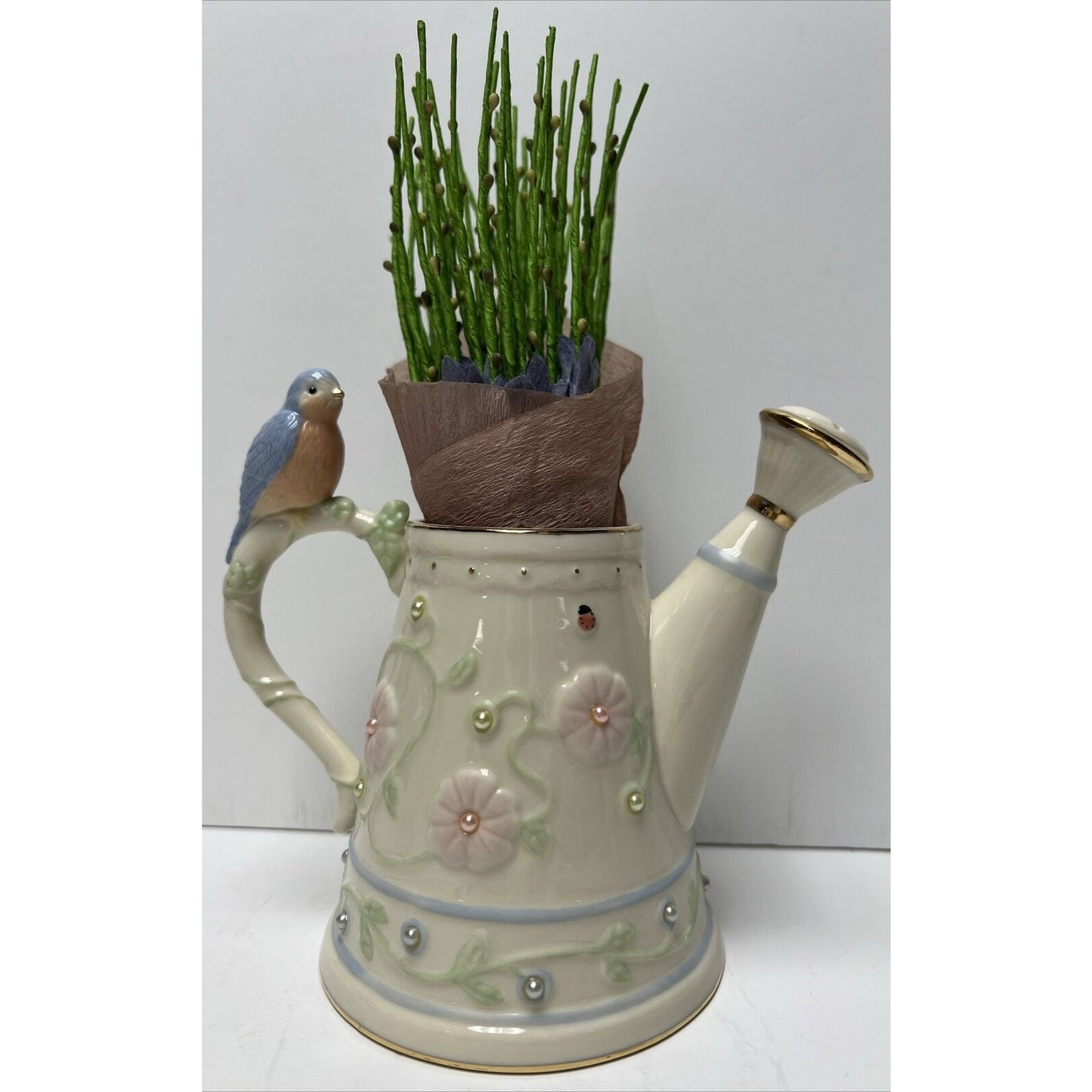 Vintage Lenox Petal And Pearls Bluebird Bud Vase Watering Can Box