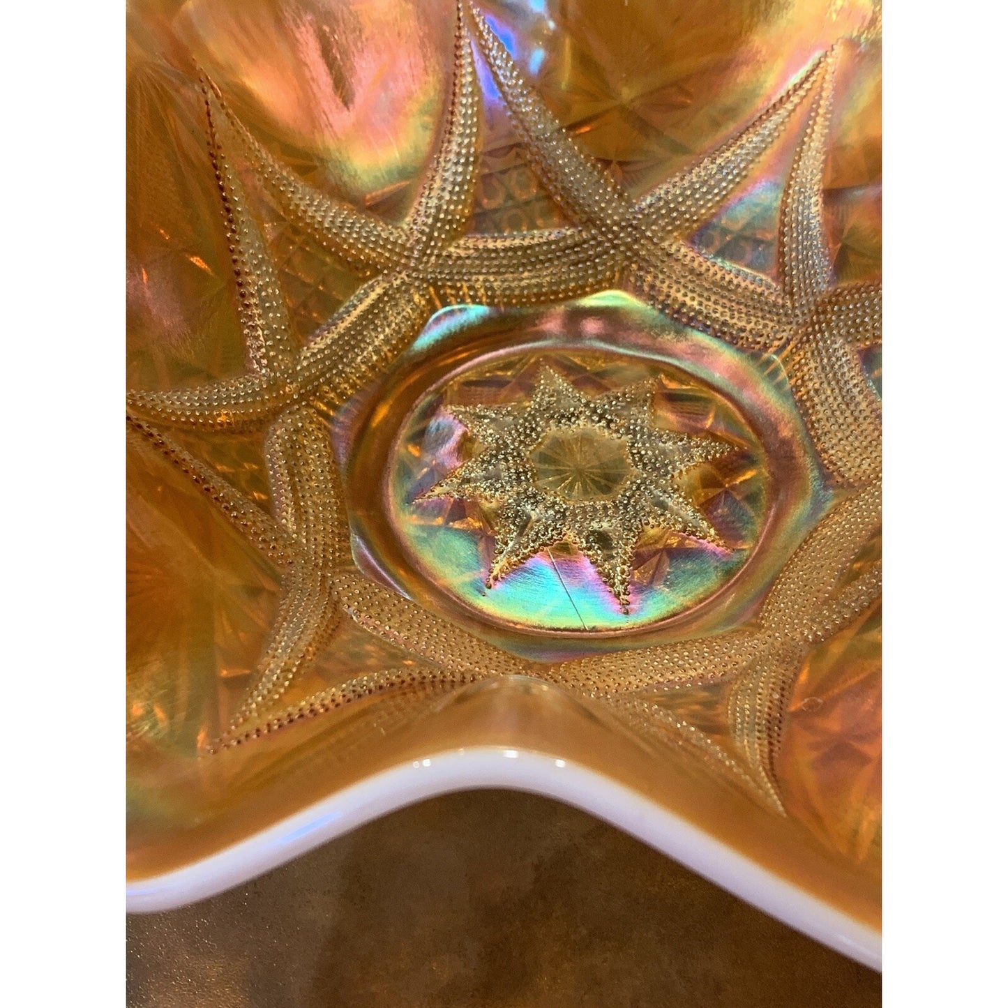 EAGP Dugan Glass Marigold Carnival Peach Opalescent Ski Star Master Bowl As-Is