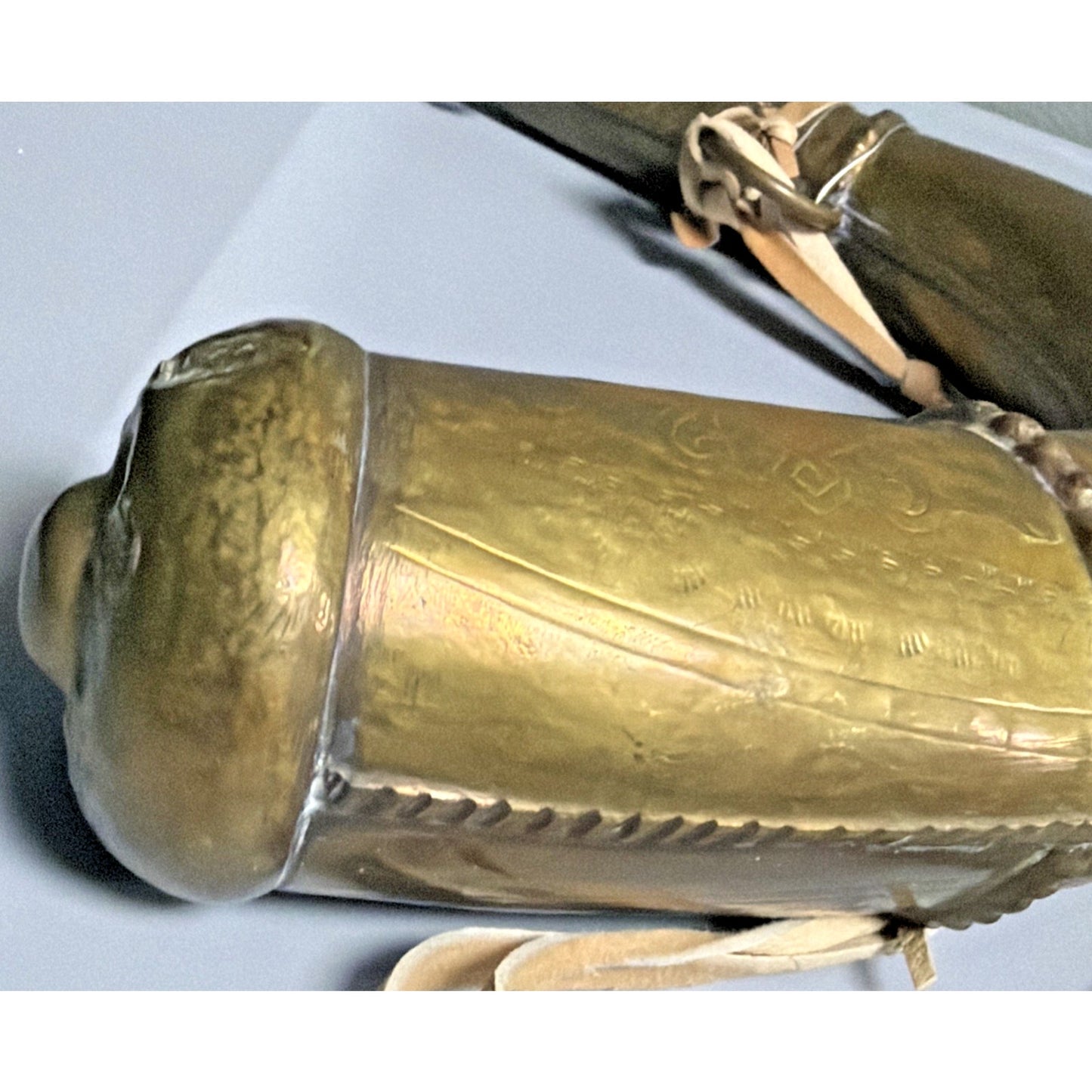 Antique Moroccan Brass Steel Black Powder Horn Flask Shot Strap As Is