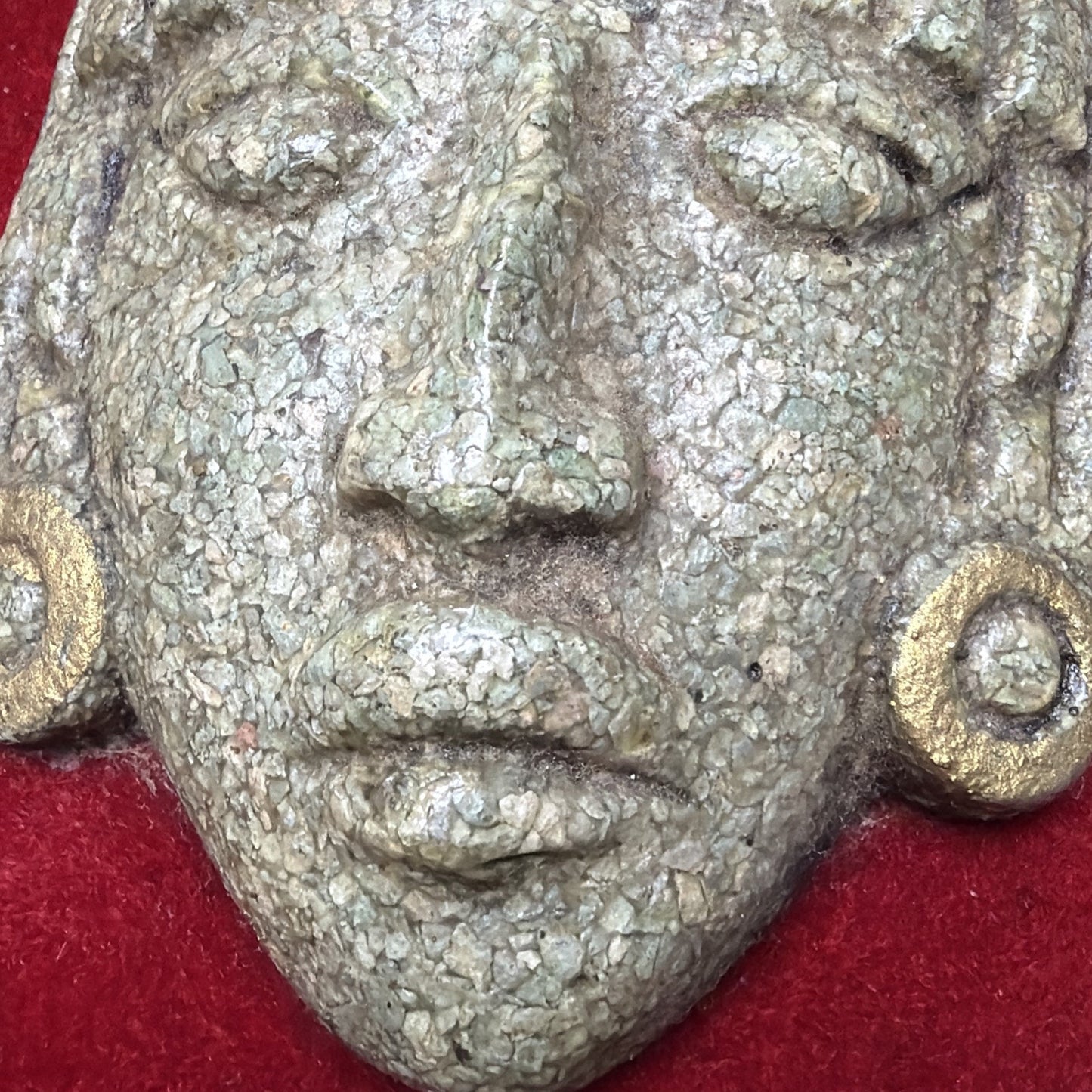 Vintage Aztec Mayan God Crushed Malachite Art Wall Hanging Plaque Wood Velvet