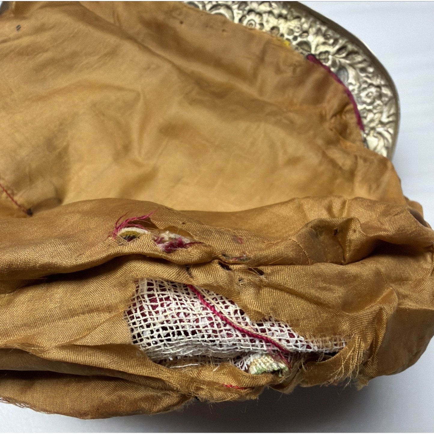 Antique Repousse Metal Frame Tapestry Needlepoint Evening Bag Silk Lined As Is