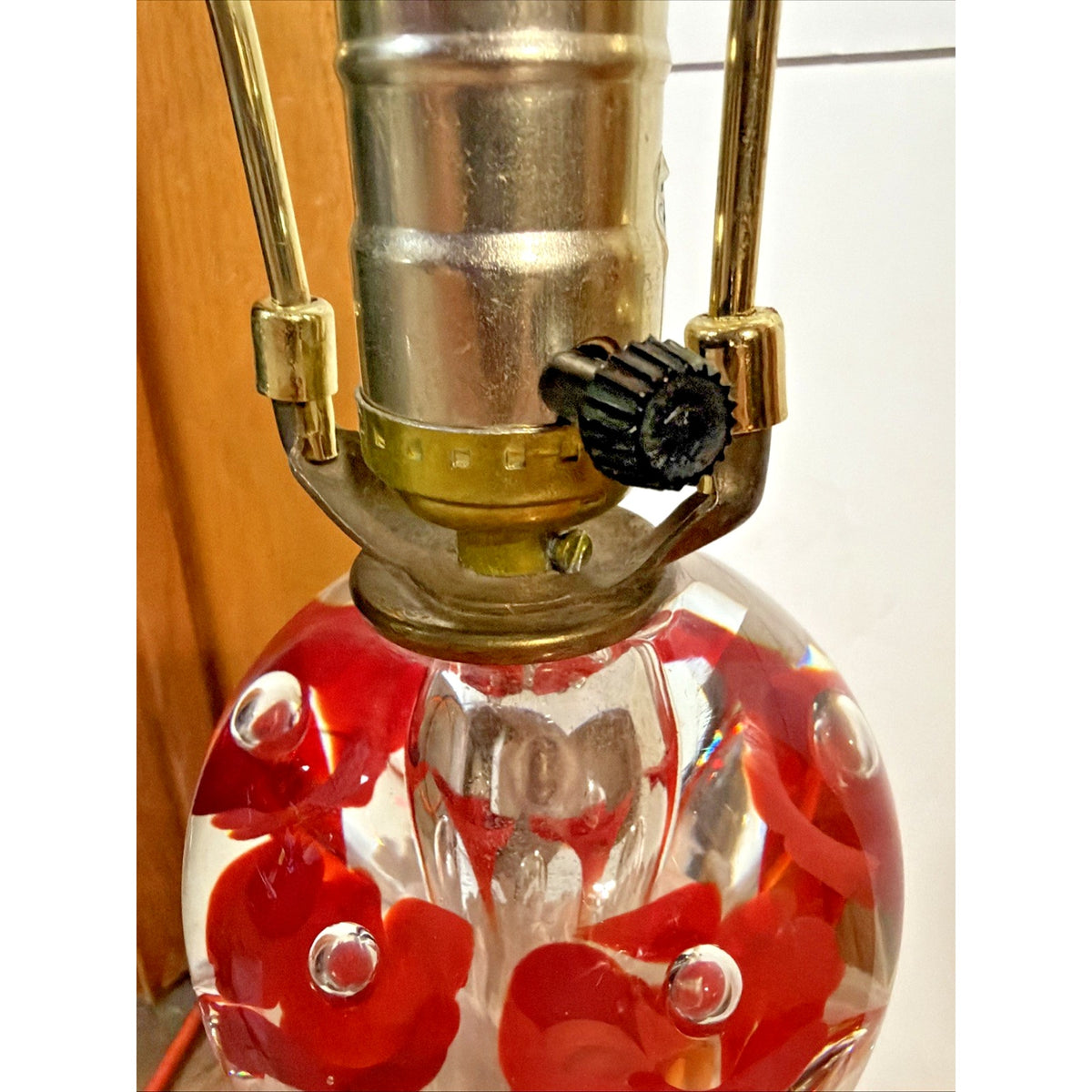 Vtg Clair Joe Rice Art Glass Red Trumpet Flower Lamp Paperweight Ornate L&L WMC