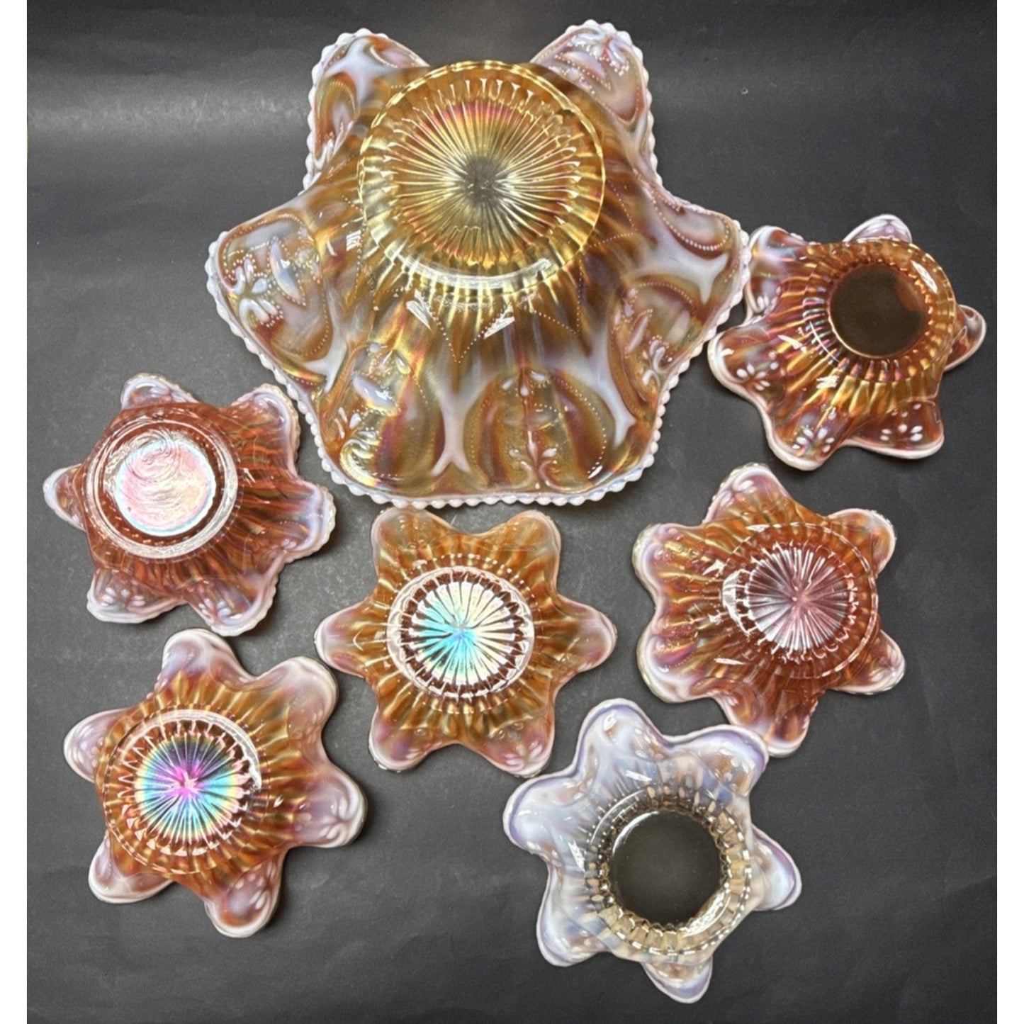 Lot of 7 Dugan Glass Peach Opal Carnival Ray Jewel Heart Master Berry Bowl As-Is