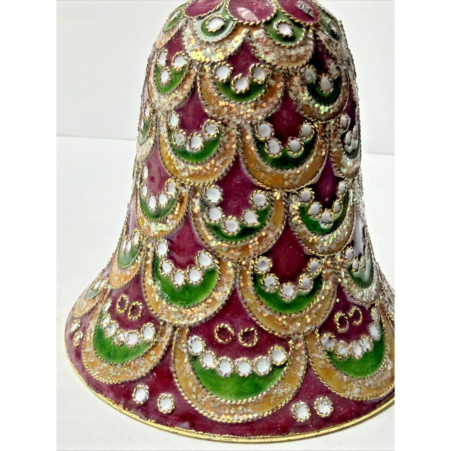Vtg Enamel Cloisonné Bell Ornament Purple Green Gold Scallop Tree Feather As Is
