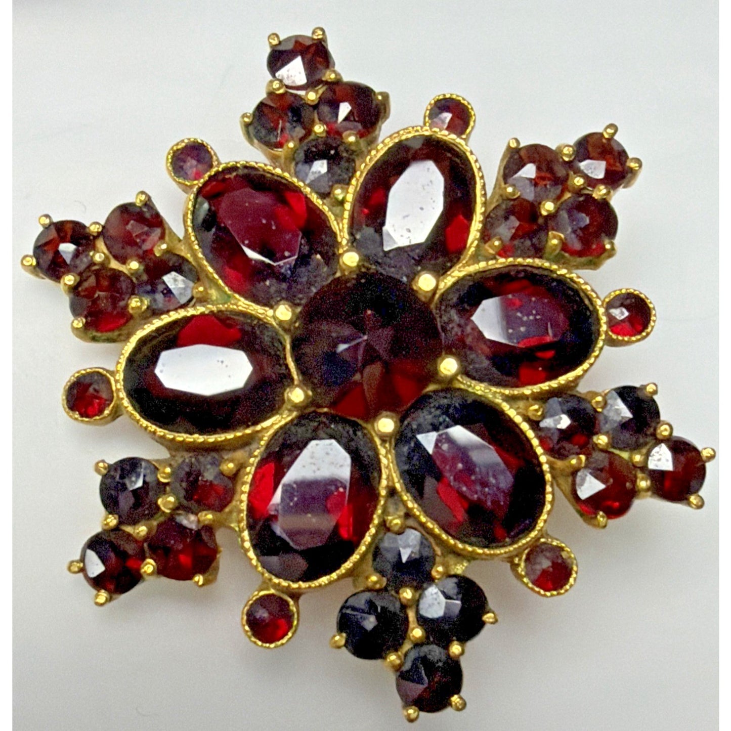 Victorian Red Garnet Star Snowflake Cluster Germany Brooch Pin Screw Earrings