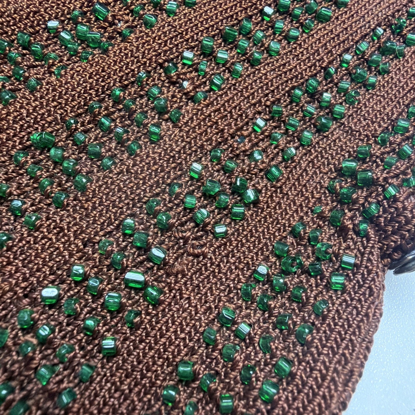 Antique Crochet Brown Green Micro Bead Purse Ornate Metal Frame Kiss Lock Strap