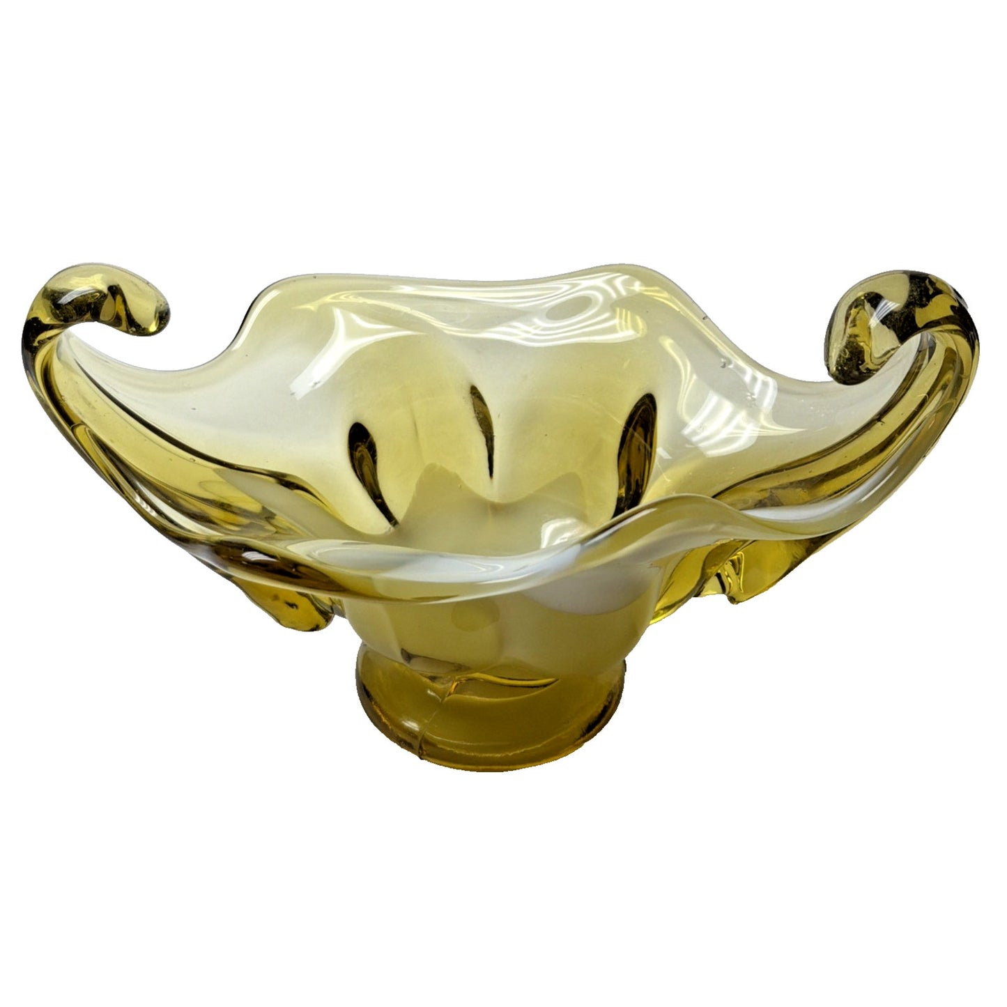MCM Italian Art Glass Freeform Golden Bowl Amber White Handles Footed Pedestal