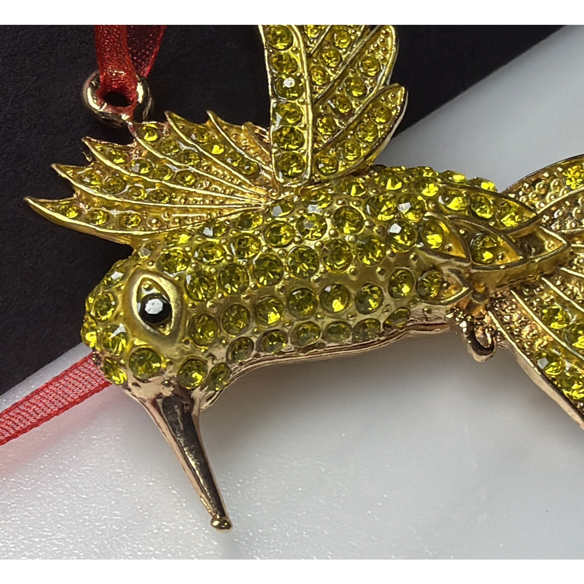 Rhinestone Gold Yellow Hummingbird Ornament Black Eyes