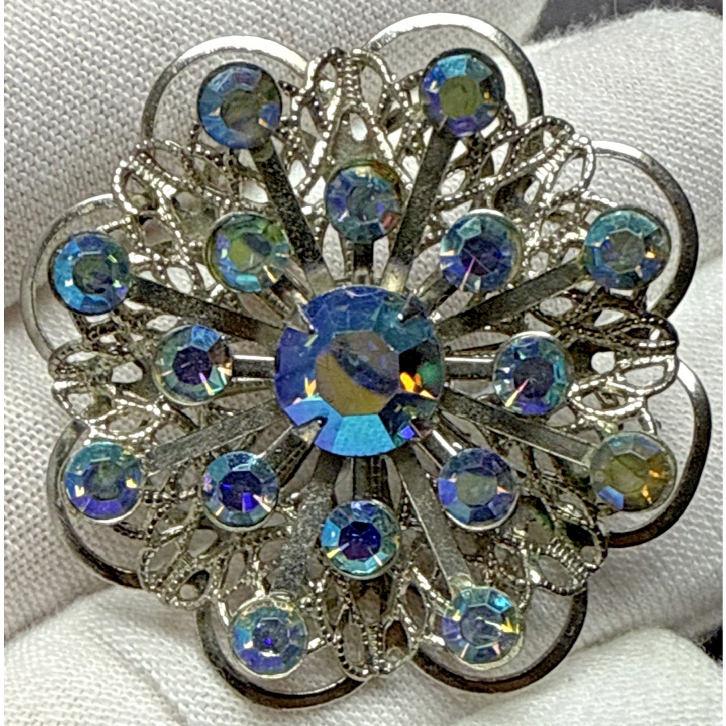 Vintage Aurora Borealis Rhinestone Silver Tone Filigree Layered Flower Brooch