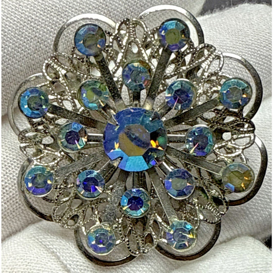 Vintage Aurora Borealis Rhinestone Silver Tone Filigree Layered Flower Brooch