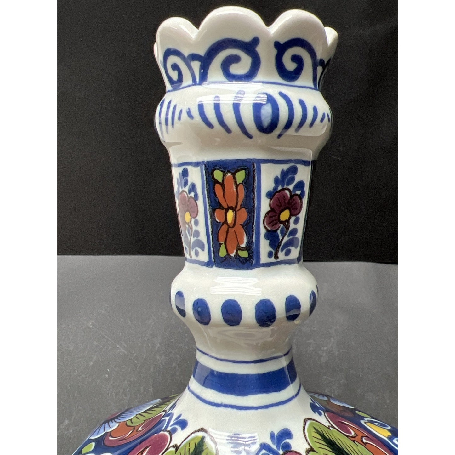 Vtg Oud Delft Holland 834/1 Candle Stick Holder Polychrome Floral Hand Painted