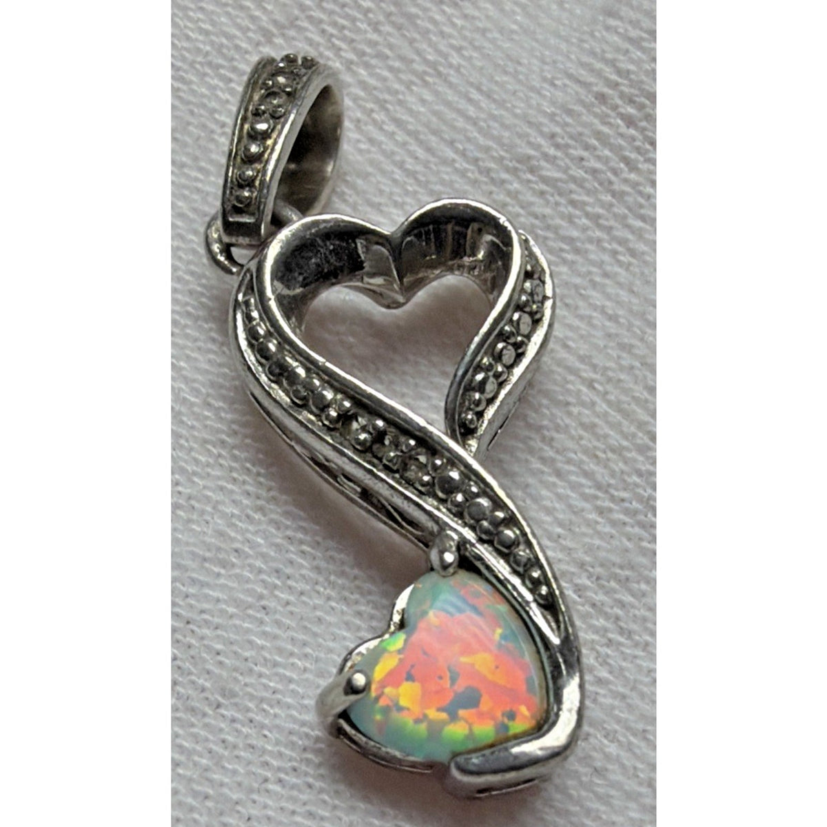 Vintage LA 925 Sterling Silver Double Heart Pendant Opal Diamond Chip
