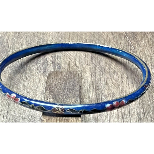 Vintage Chinese Cloisonne Floral Flower Bangle Bracelets Blue Enamel As Is