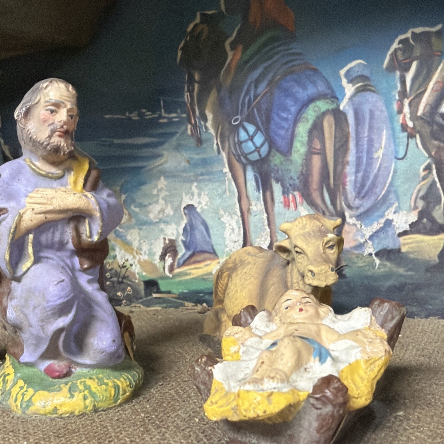 Vintage Stable Nativity Wooden Creche Italy 6 Pc Hand Painted As Is