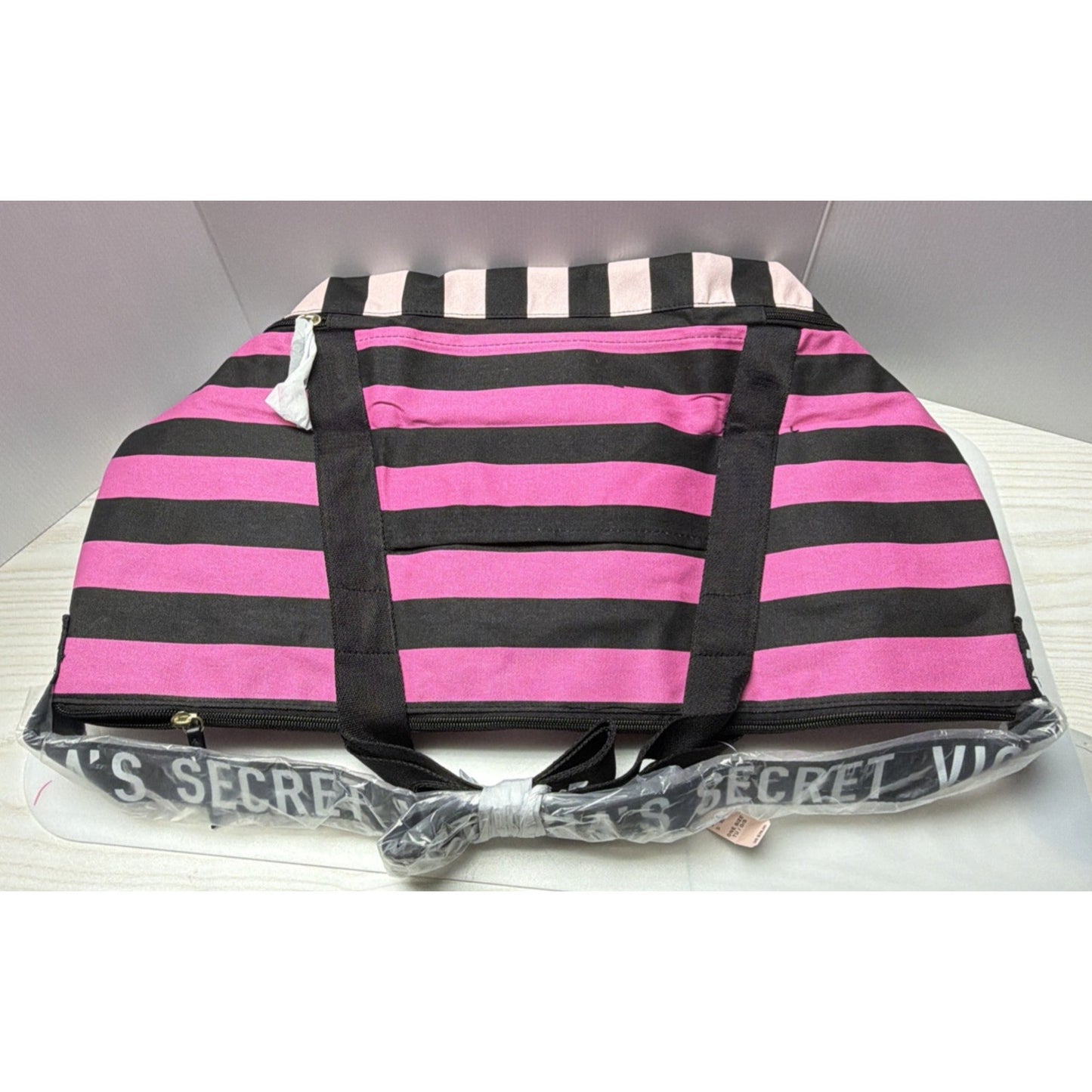 Victoria’s Secret Iconic Canvas Pink Black Striped Weekender Bag Tote Exandable