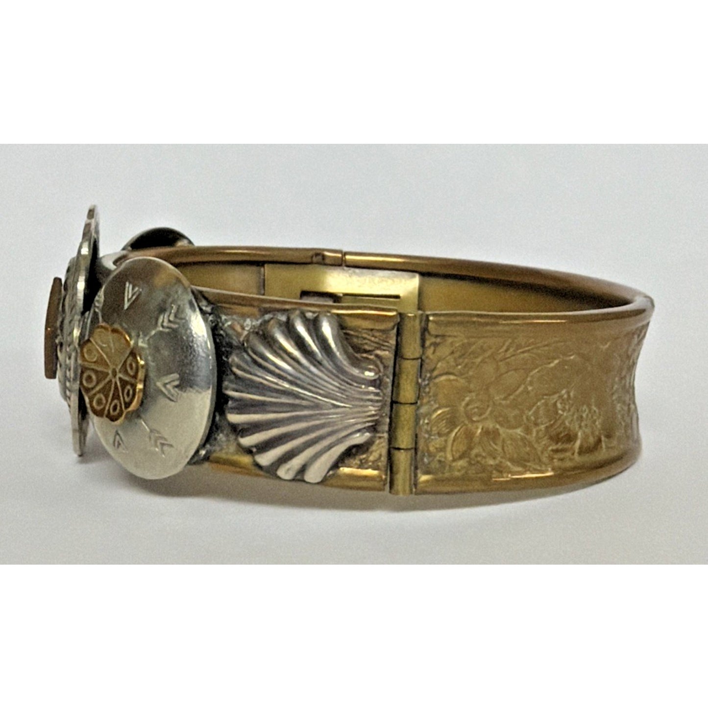 Victorian Brass Hinged Embossed Cuff Bracelet Mixed Metal Concho Western As Is