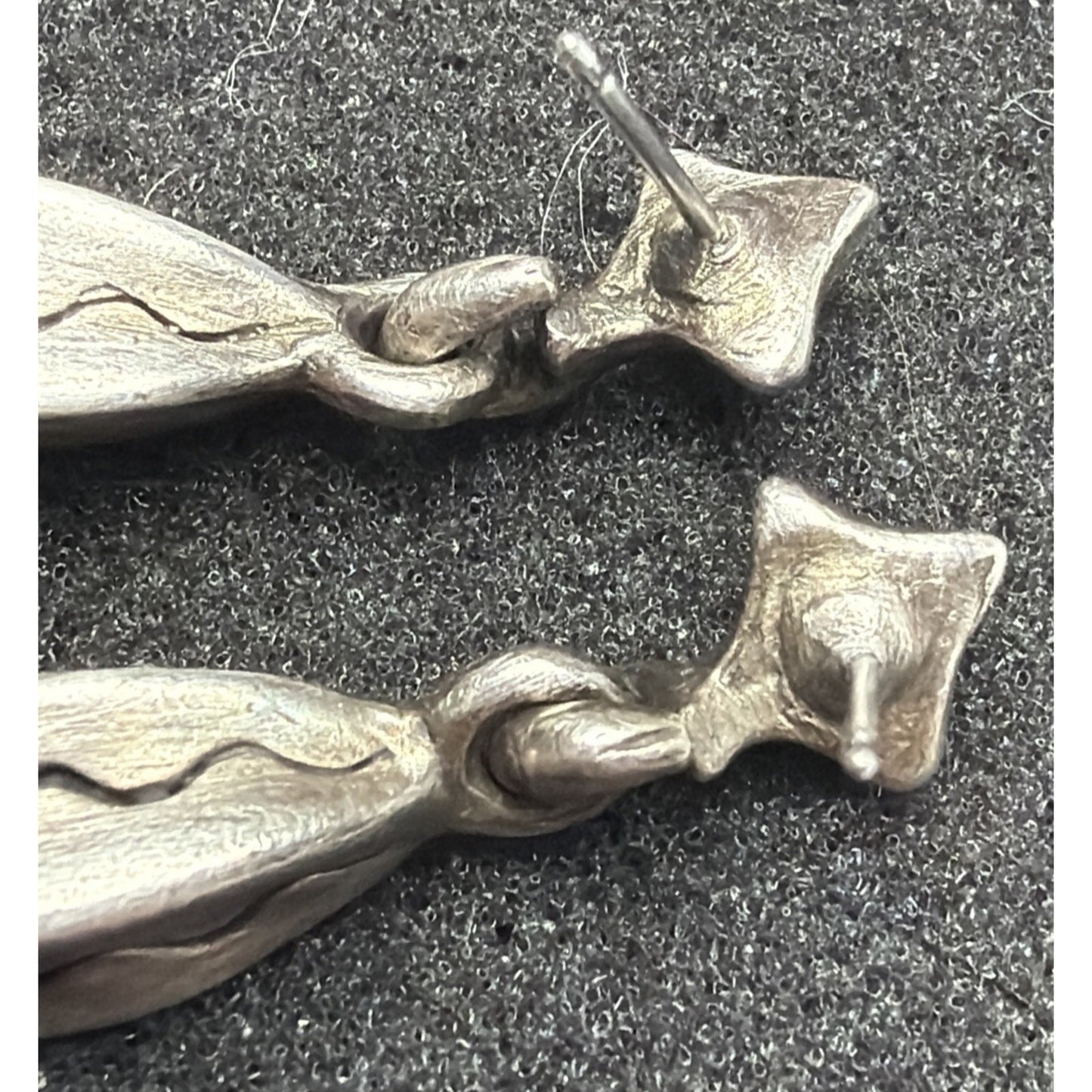 Modernist Silver Geometric Abstract Dangle Earrings Bean Fishbone Seed Pod As Is