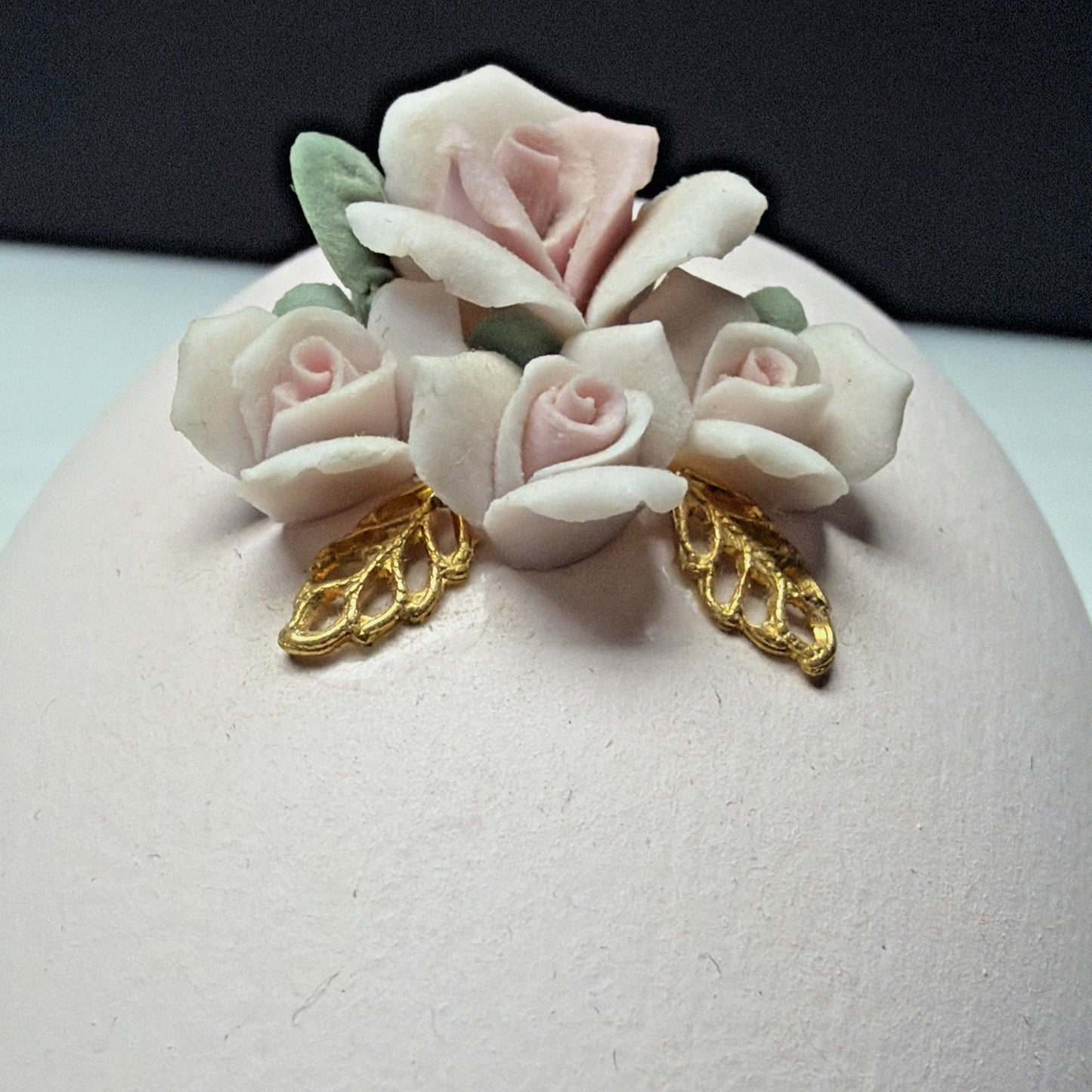 Egg Fantasy Hand Decorated Goose Egg Pink Trinket Jewelry Box Porcelain Flowers