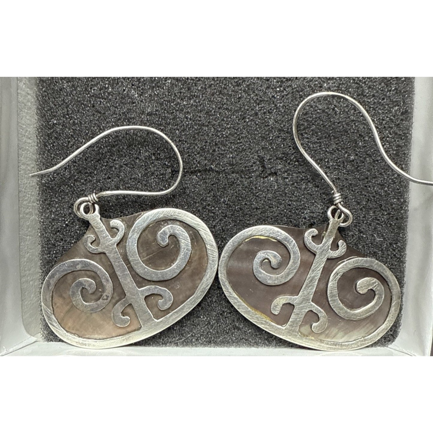 Vintage Sterling Silver Overlay Shell Nacre Earrings Large Ornate Filigree