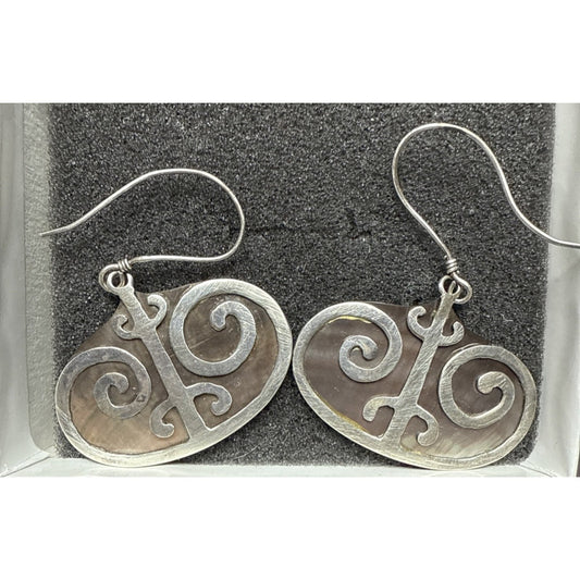 Vintage Sterling Silver Overlay Shell Nacre Earrings Large Ornate Filigree